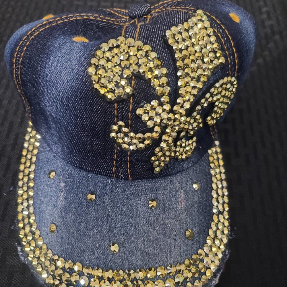 Denim Gold Rhinestone Fleur De Lis Hat